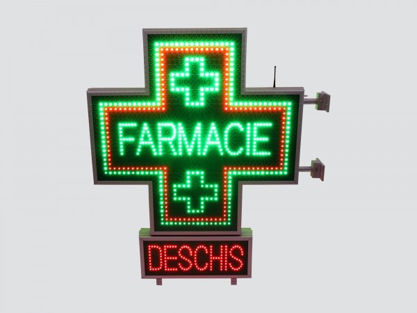 Cruce farmacie 900 x 900 SEMNALIZARE, model FARMACIE cu afisaj cu LED-uri DESCHIS